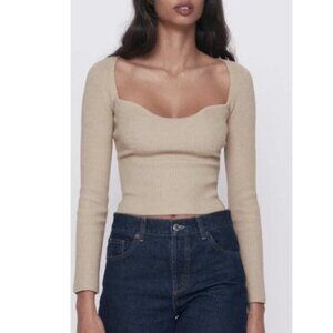 Zara Womens Large Square Neck Ribbed Wool Sweater In Tan Color